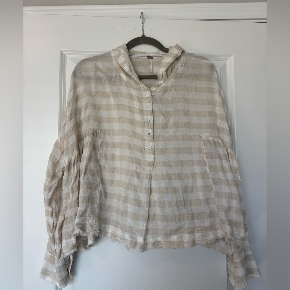 Free People Striped Hooded Flowy‎ Button Down Shirt Sz Small Raw Hem Neutral